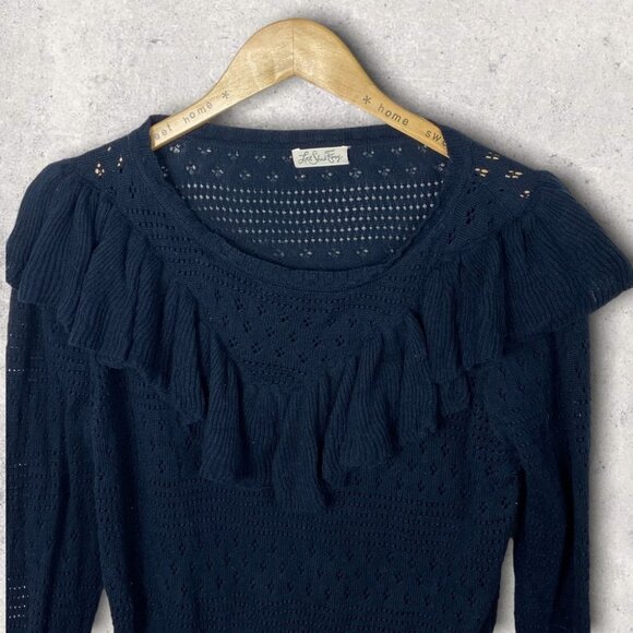 LoveShackFancy Alpaca Knit Sweater Blue Size Large Ruffle Navy Pointelle‎ Boho L - Picture 3 of 15